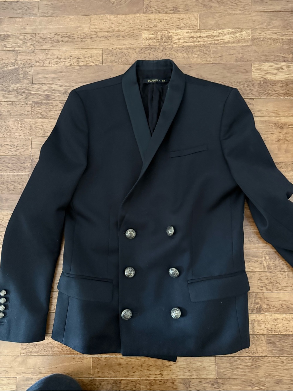 Balmain Black Double-Breasted Tuxedo Jacket with Gold Buttons